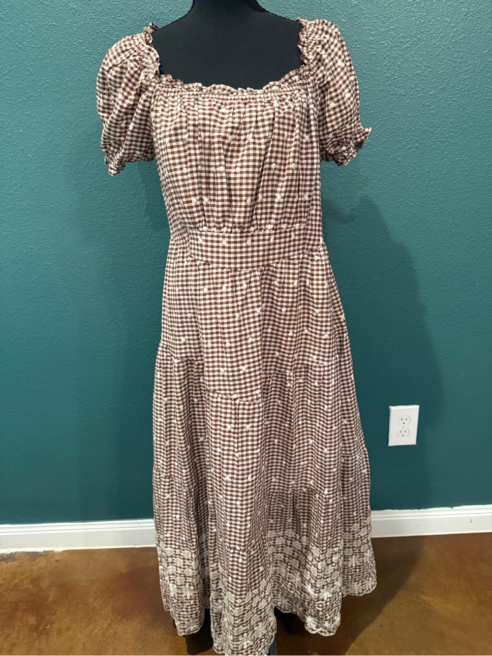 Camilla Brown Gingham Midi Dress with Puff Sleeves